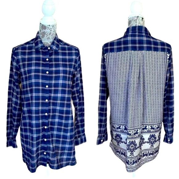 Johnny Was LANA Blue Gray Plaid Gingham Medallion Scarf Back Button Up Shirt - Picture 3 of 16